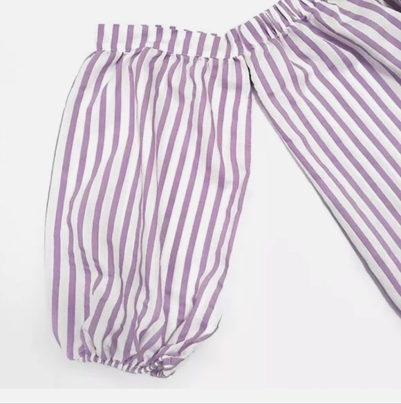 Express Off the Shoulder Purple Striped Balloon Sleeve Blouse S Petite - Picture 2 of 7